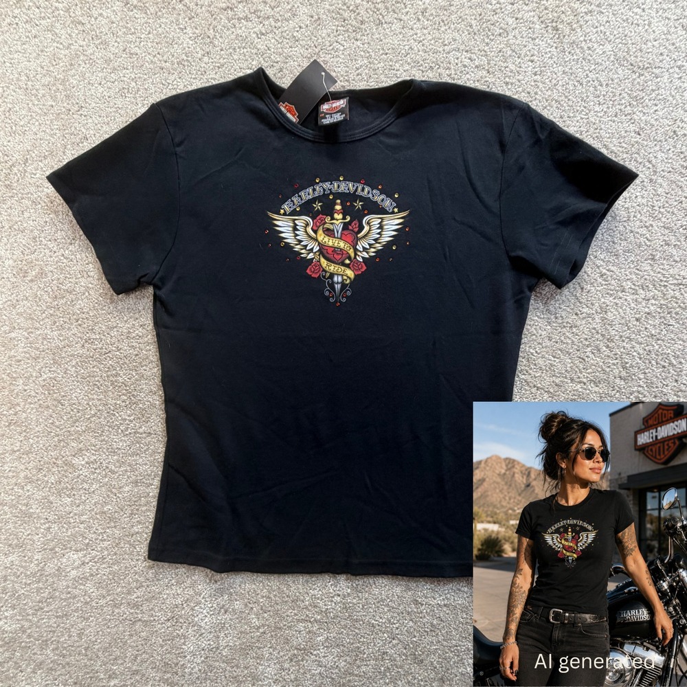 Vintage Y2K Women's Harley Davidson T-shirt Baby‎ Tee Wings Biker Black 2XL XXL
